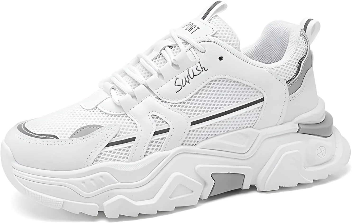 lilaBelle]【Hidden Height Increase Men's Dad Shoes Summer Breathable Sneakers with Concealed Lift, Comfortable Casual Sports Shoes for Outdoor Walking, Fashion White Chunky Trainers (Mesh & Rubber)