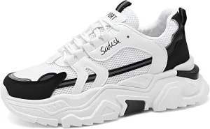 lilaBelle]【Hidden Height Increase Men's Dad Shoes Summer Breathable Sneakers with Concealed Lift, Comfortable Casual Sports Shoes for Outdoor Walking, Fashion White Chunky Trainers (Mesh & Rubber)
