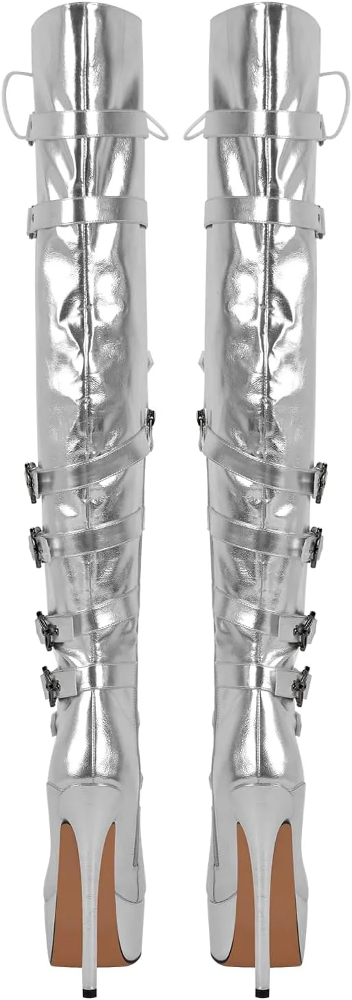 LISHAN Women's Platform High Heels Thigh High Boots Lace Up Stilettos