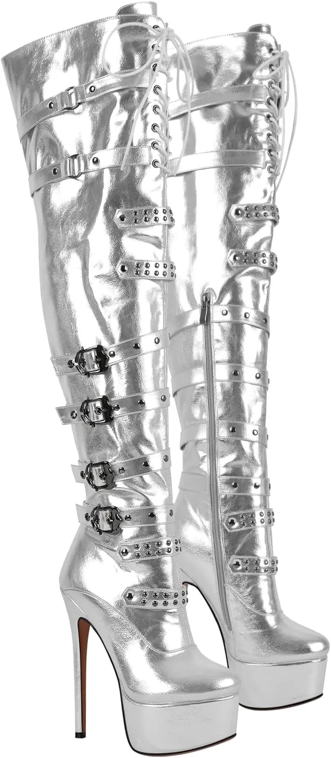 LISHAN Women's Platform High Heels Thigh High Boots Lace Up Stilettos