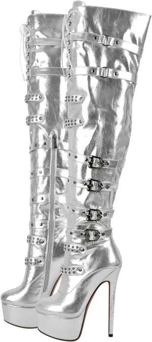 LISHAN Women's Platform High Heels Thigh High Boots Lace Up Stilettos
