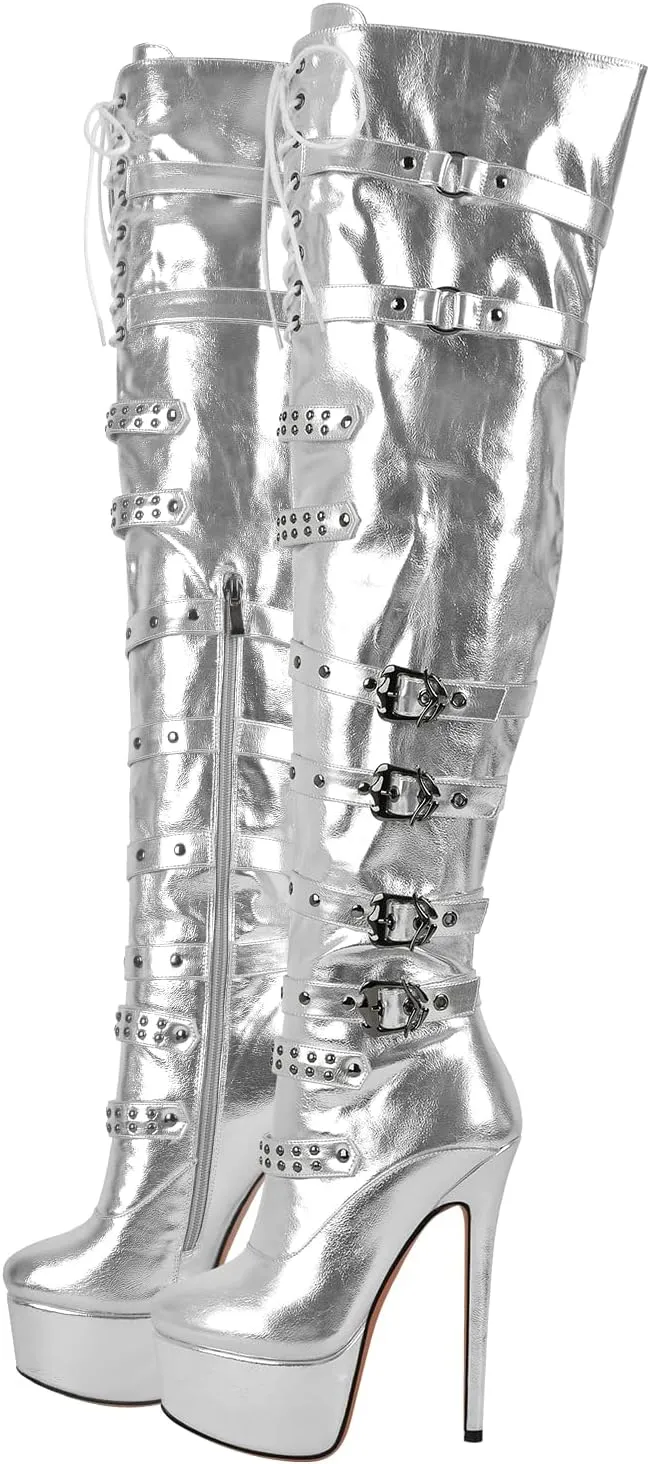 LISHAN Women's Platform High Heels Thigh High Boots Lace Up Stilettos