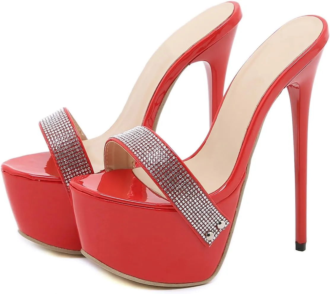 LISHAN Women's Super High Heels Rhinestone Studded Platform Stiletto Mules
