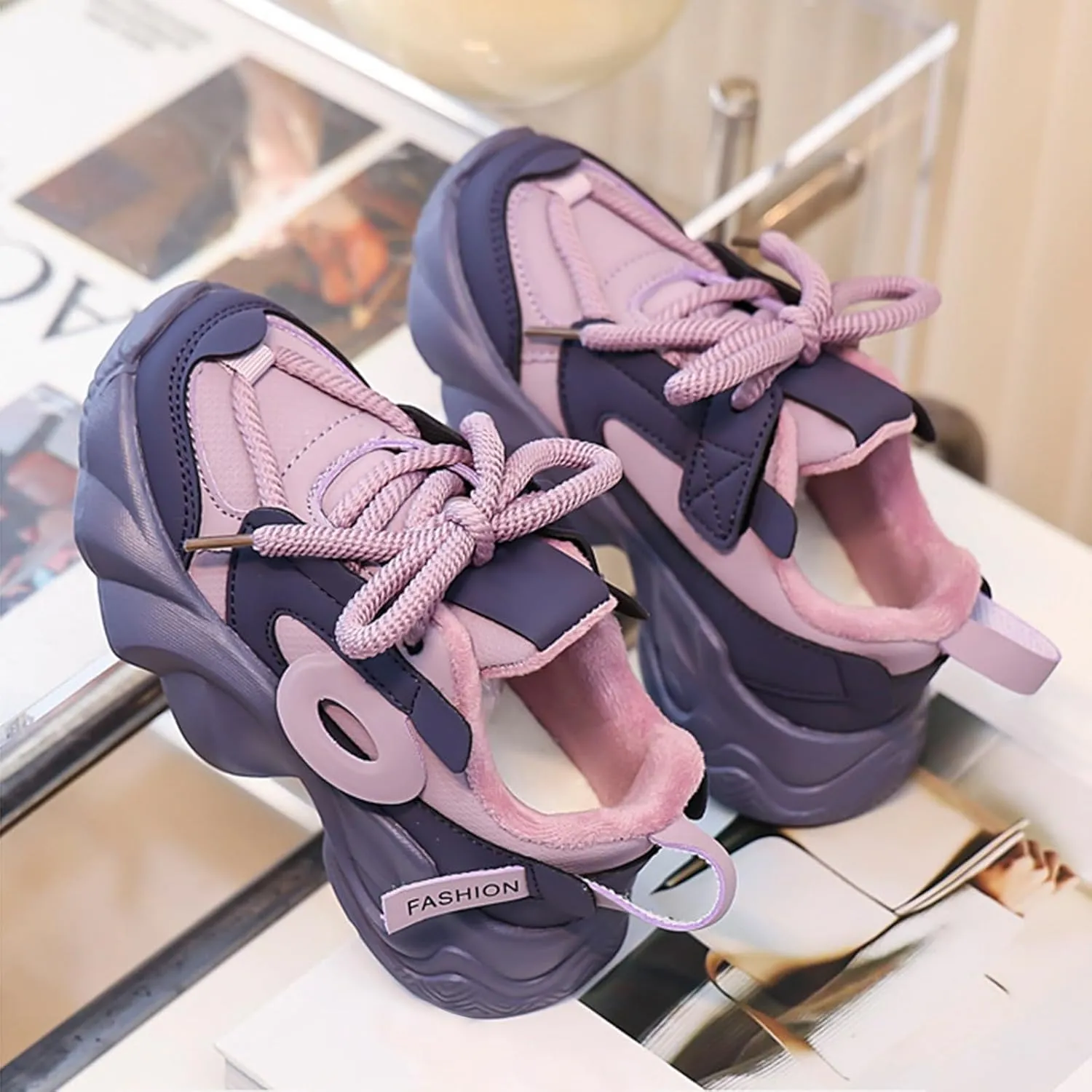 Little/Big Kids Leather Platform Chunky Heels Sneakers Breathable Lace Up Walking Dad Shoes Comfortable Sneakers