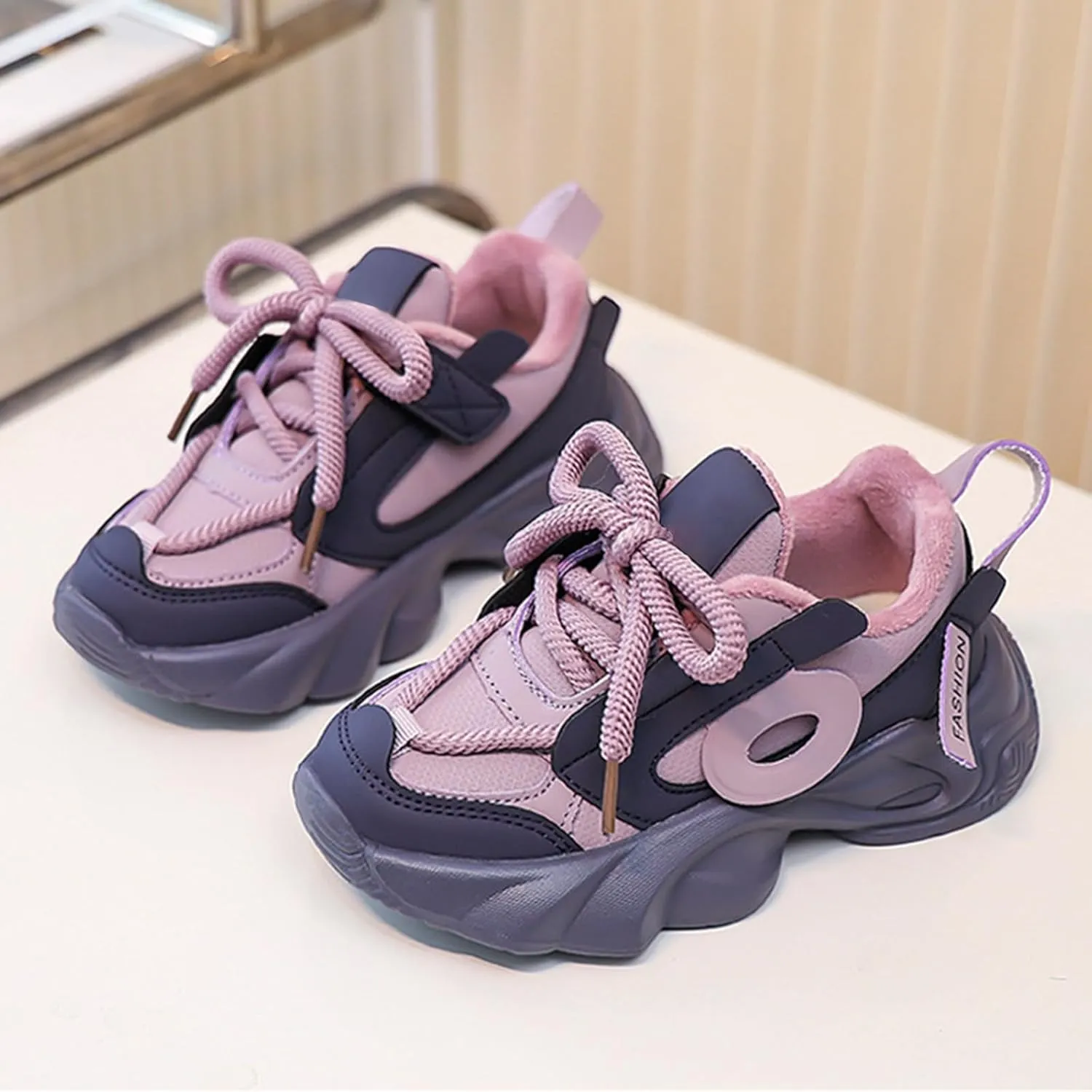 Little/Big Kids Leather Platform Chunky Heels Sneakers Breathable Lace Up Walking Dad Shoes Comfortable Sneakers