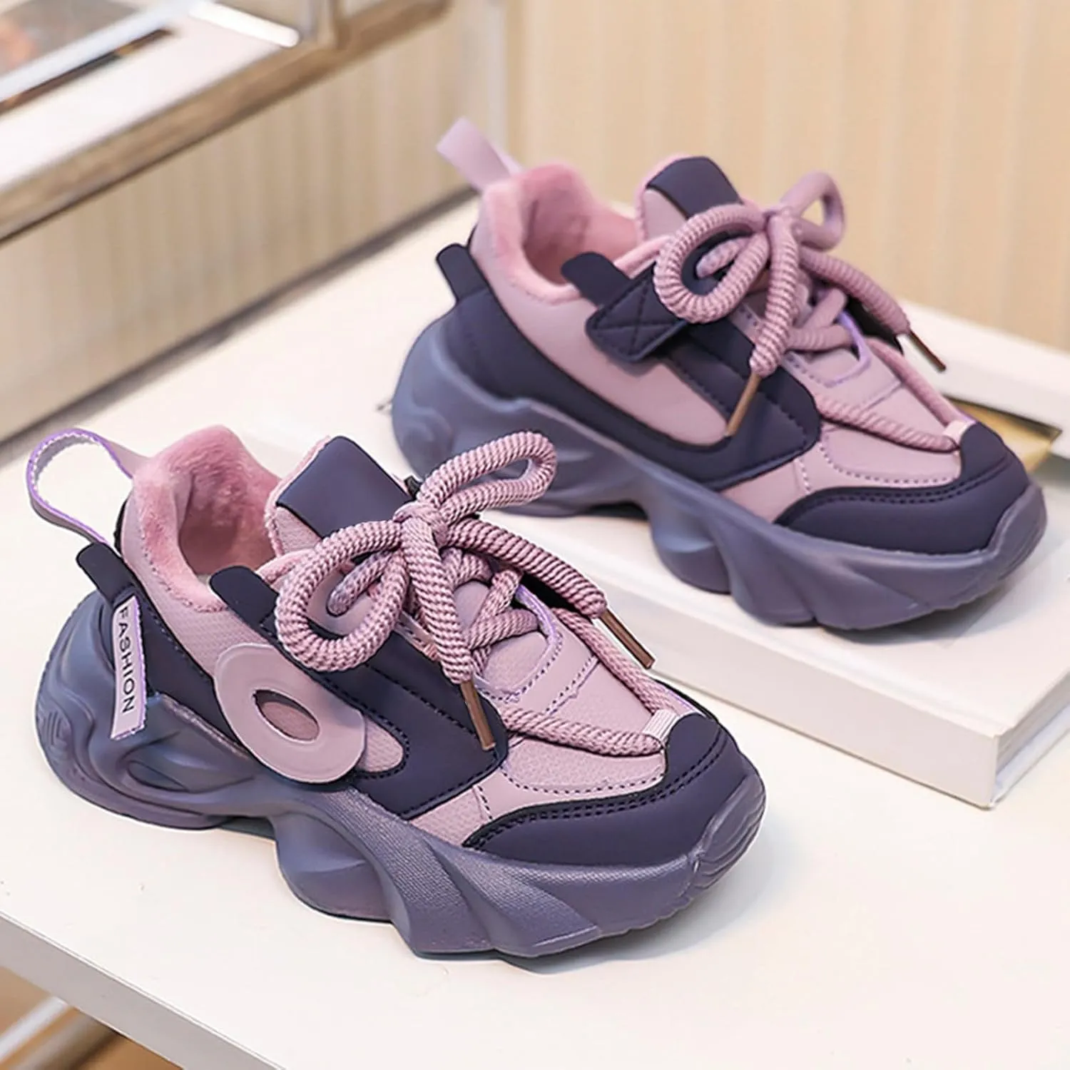 Little/Big Kids Leather Platform Chunky Heels Sneakers Breathable Lace Up Walking Dad Shoes Comfortable Sneakers