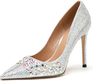 Lryweisy Rhinestone High Heels, 4 Inch Rhinestone Pumps for Women to Wear with Different Clothing and Attend Banquets,Weddings,Party,Dancing,Working Occasions.(Siver), 6.5