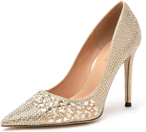 Lryweisy Women's High Heels Pumps Rhinestone Heels Closed Toe Heels for Women 4 Inch Stiletto Dress Wedding Party Pumps ShoesSize 6