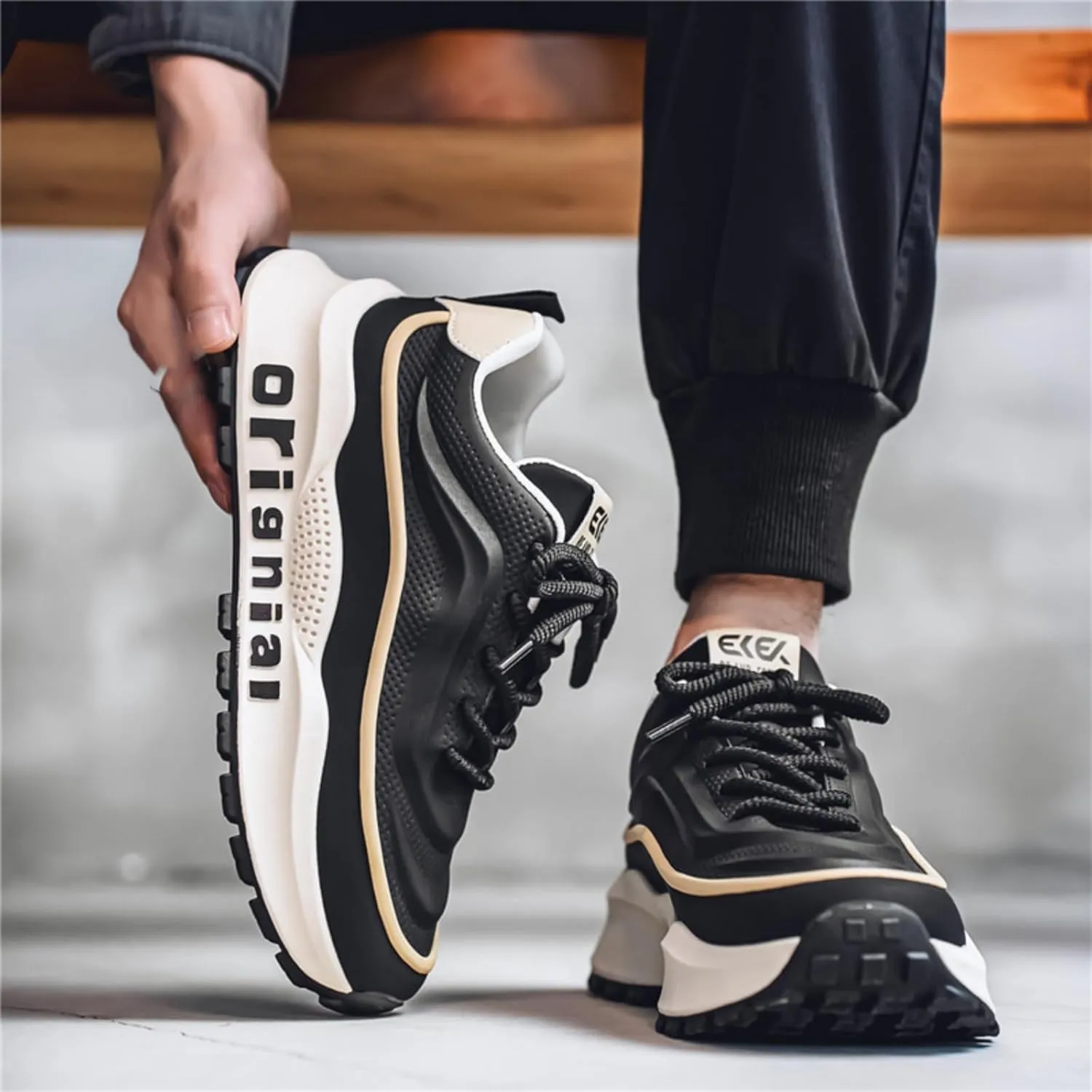 Mens Breathable Leather Lace Up Platform Sneakers Fashion Casual Non-Slip Shock Absorbing Heighten Walking Workout Dad Shoes