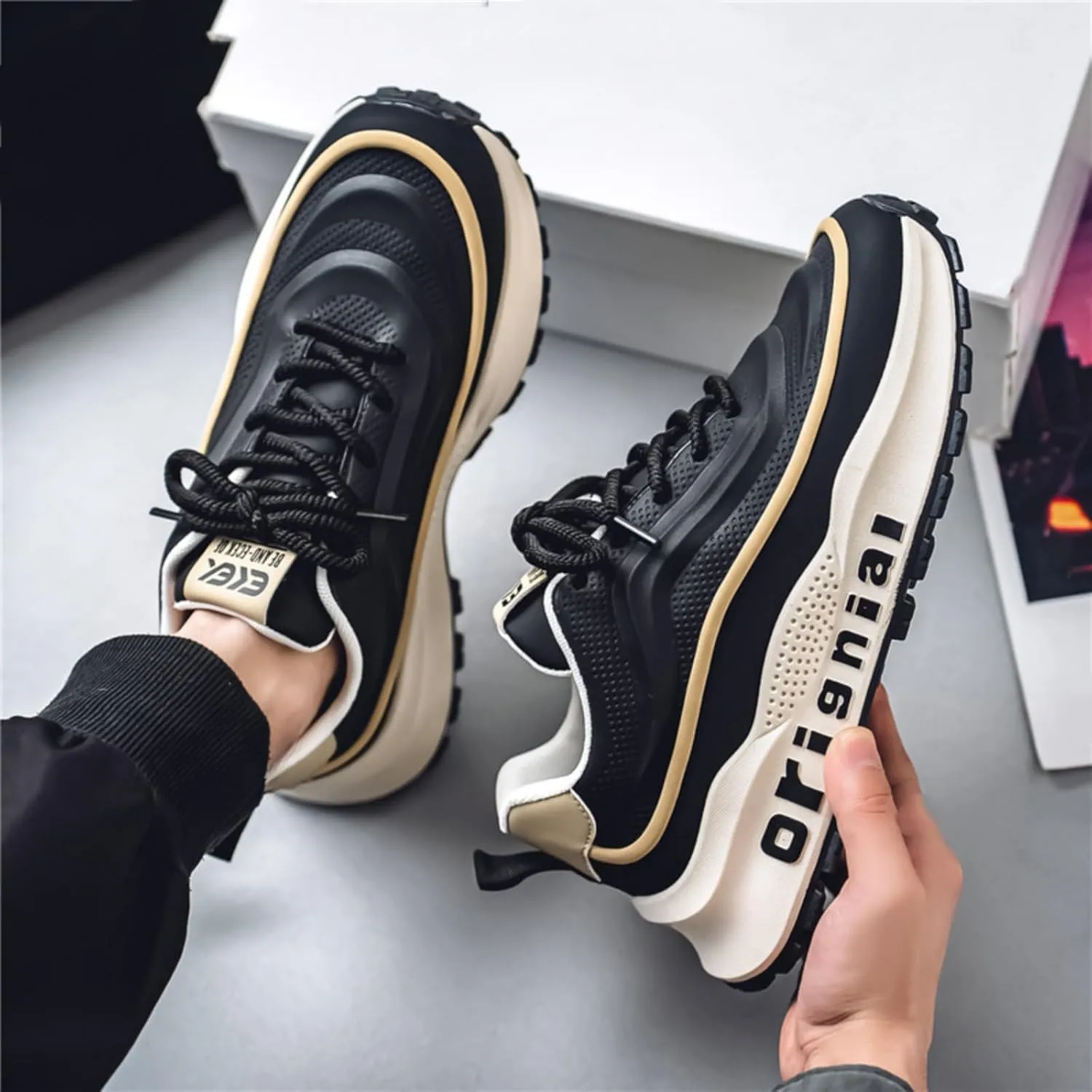 Mens Breathable Leather Lace Up Platform Sneakers Fashion Casual Non-Slip Shock Absorbing Heighten Walking Workout Dad Shoes