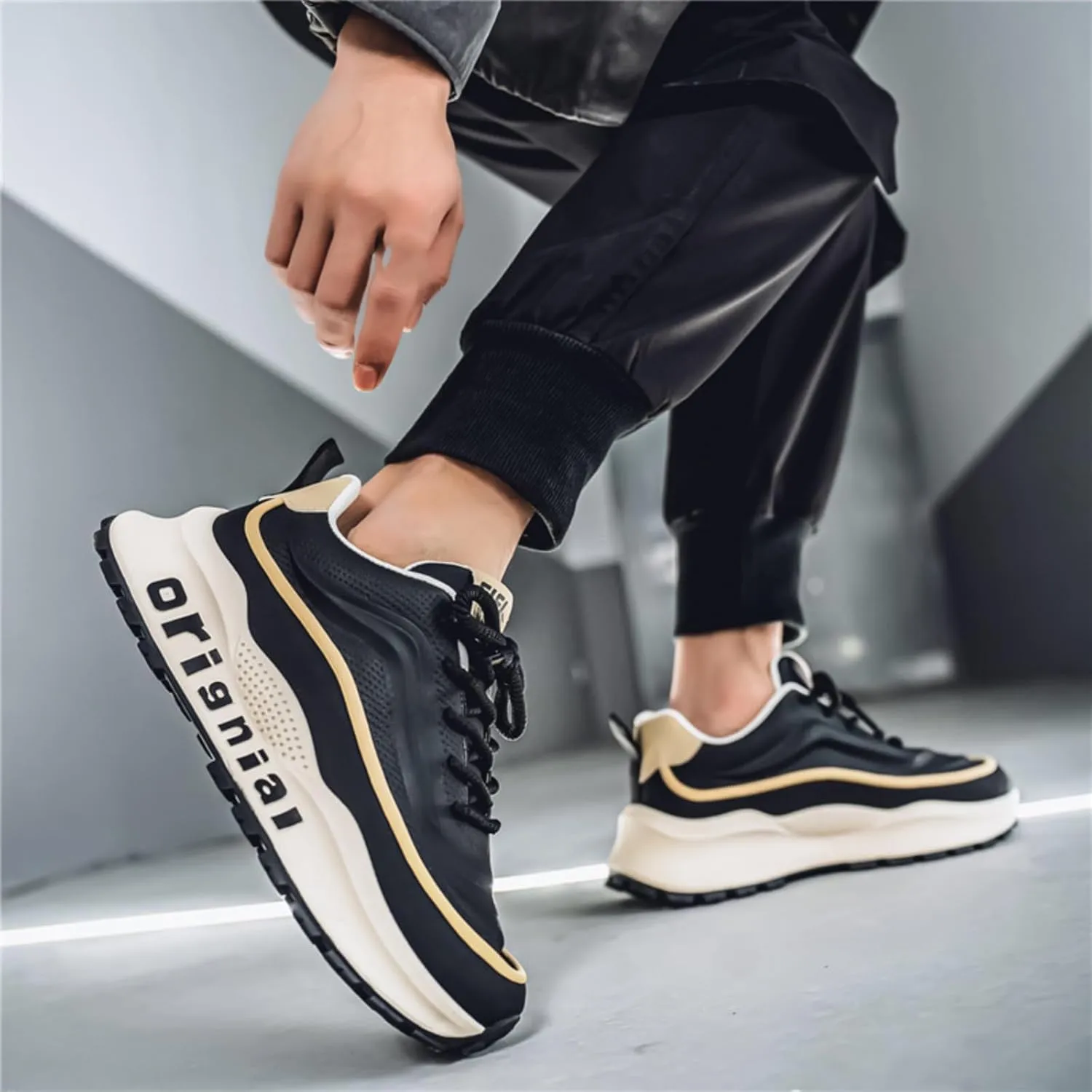 Mens Breathable Leather Lace Up Platform Sneakers Fashion Casual Non-Slip Shock Absorbing Heighten Walking Workout Dad Shoes