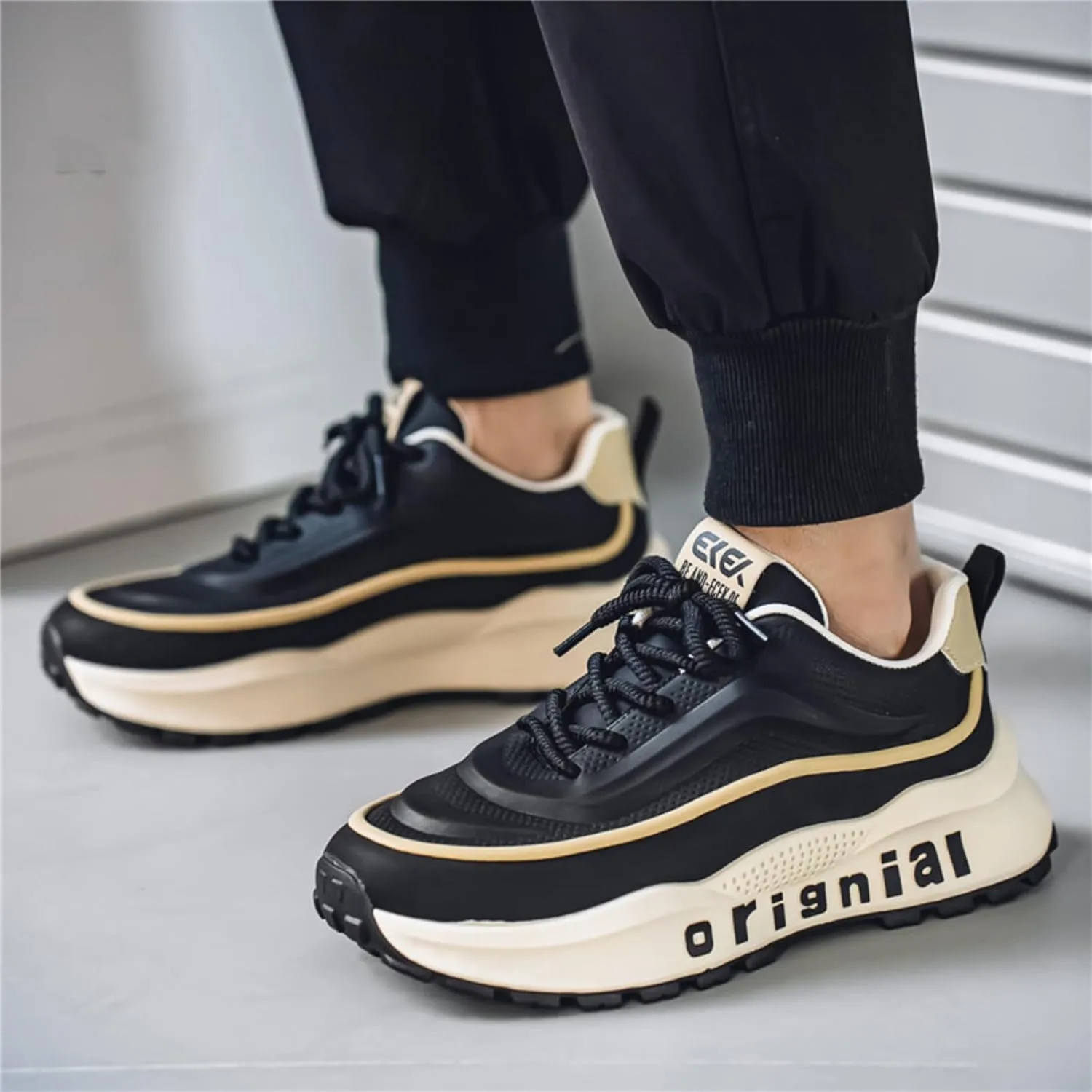Mens Breathable Leather Lace Up Platform Sneakers Fashion Casual Non-Slip Shock Absorbing Heighten Walking Workout Dad Shoes