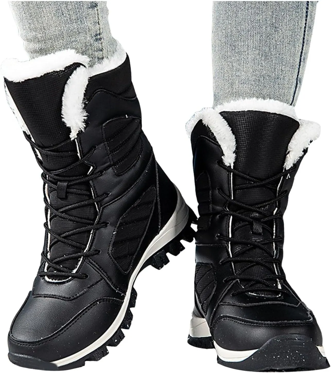 Mid Calf Snow Boots for Women Fleece Lined Warm Winter Boots Lace Up Non Slip Boots Vintage High Top Winter Snow