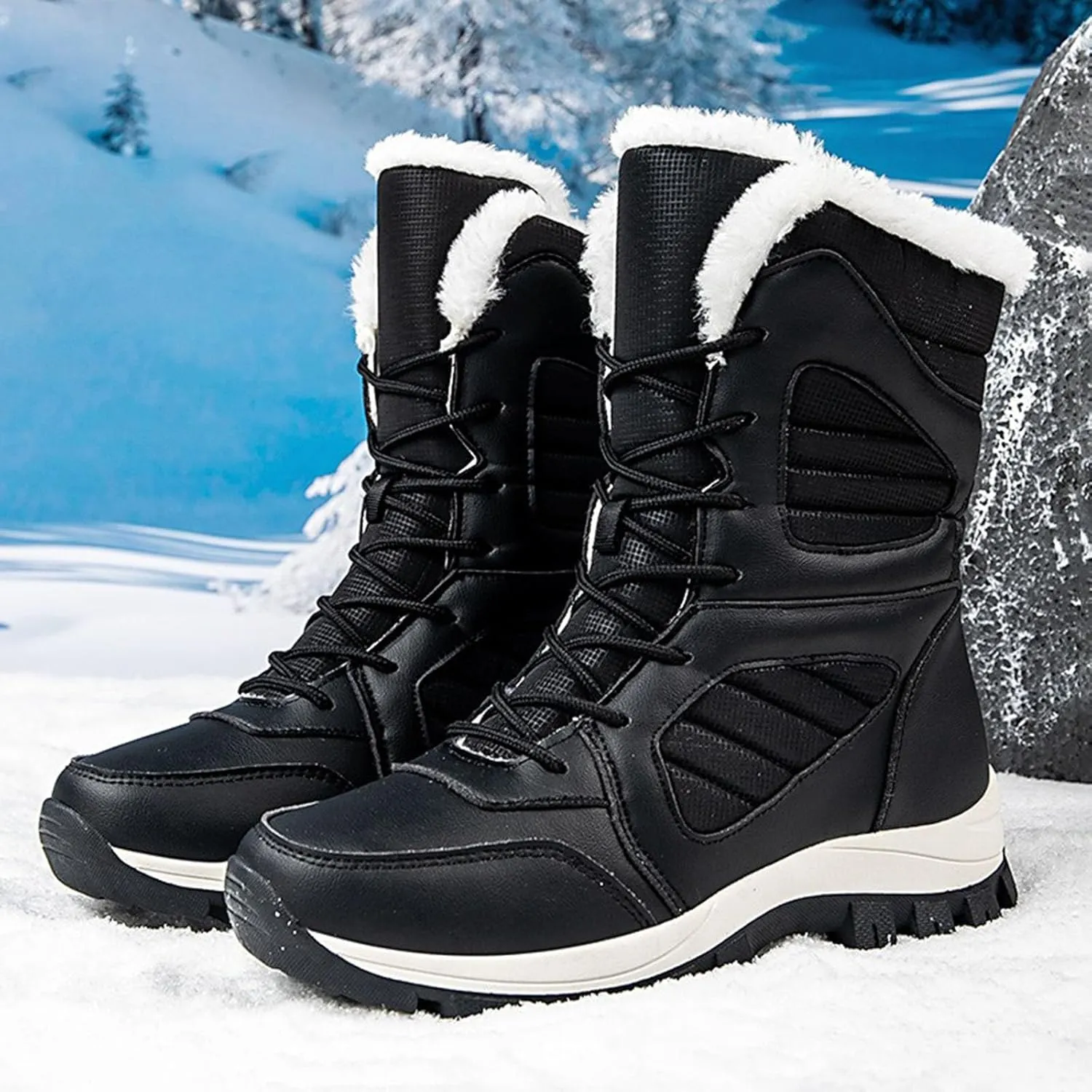 Mid Calf Snow Boots for Women Fleece Lined Warm Winter Boots Lace Up Non Slip Boots Vintage High Top Winter Snow