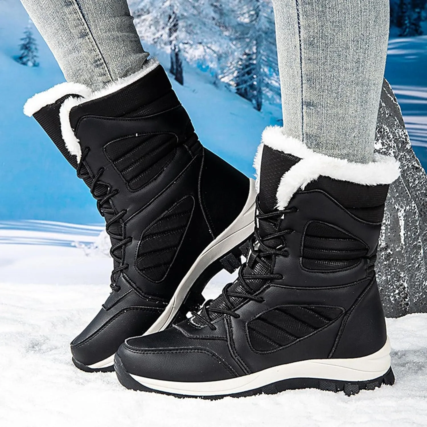 Mid Calf Snow Boots for Women Fleece Lined Warm Winter Boots Lace Up Non Slip Boots Vintage High Top Winter Snow