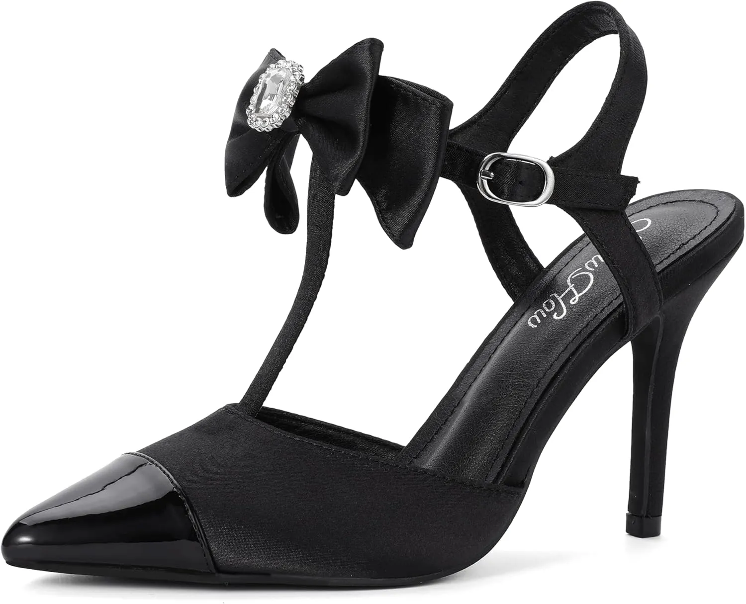 Mofri ShowHow Womens High Heels Closed Splicing Pointed Toe Stiletto Bow Tie Slingback Heeled Shoes Ankle Strap Wedding Pumps Bridal Party Work Dress Shoes
