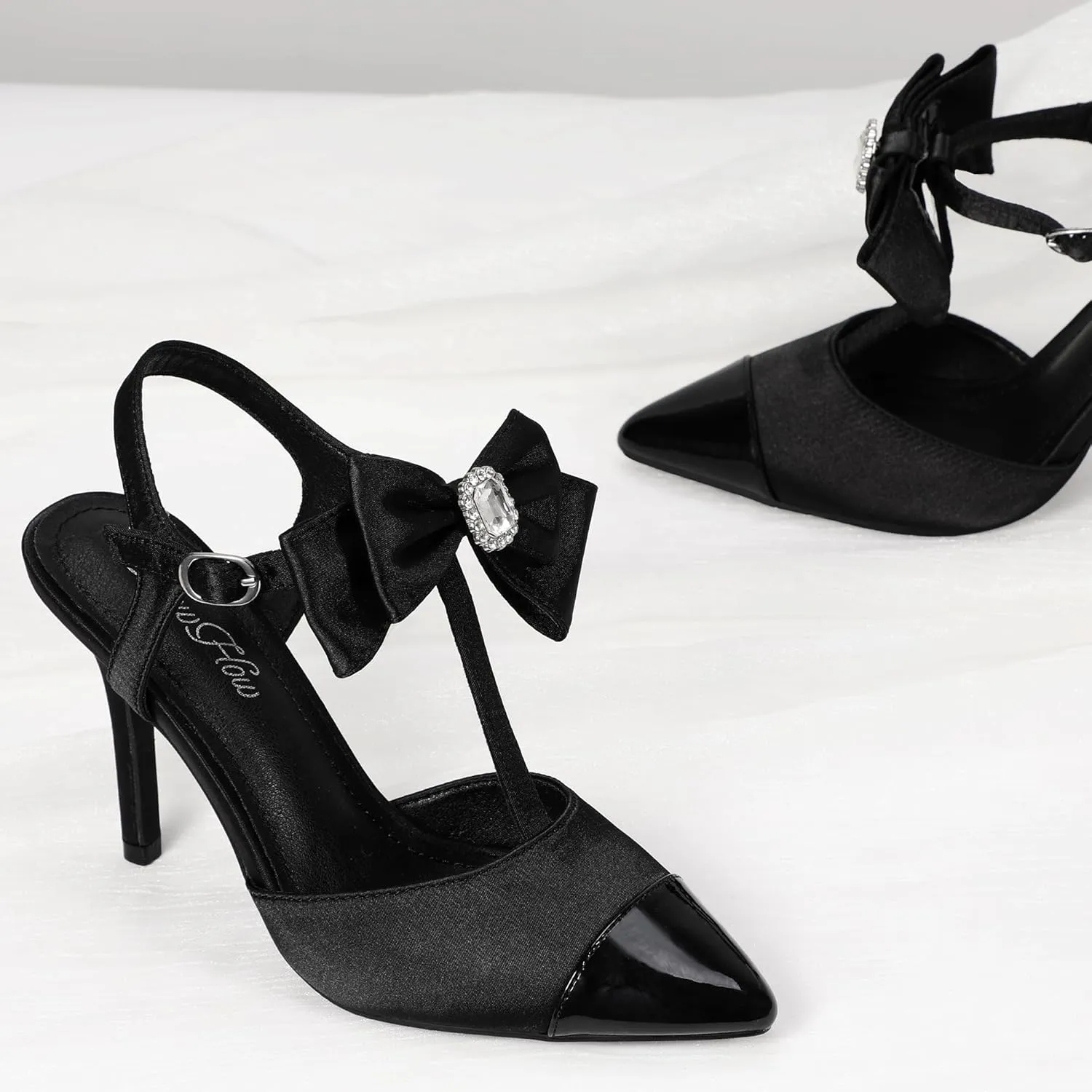 Mofri ShowHow Womens High Heels Closed Splicing Pointed Toe Stiletto Bow Tie Slingback Heeled Shoes Ankle Strap Wedding Pumps Bridal Party Work Dress Shoes