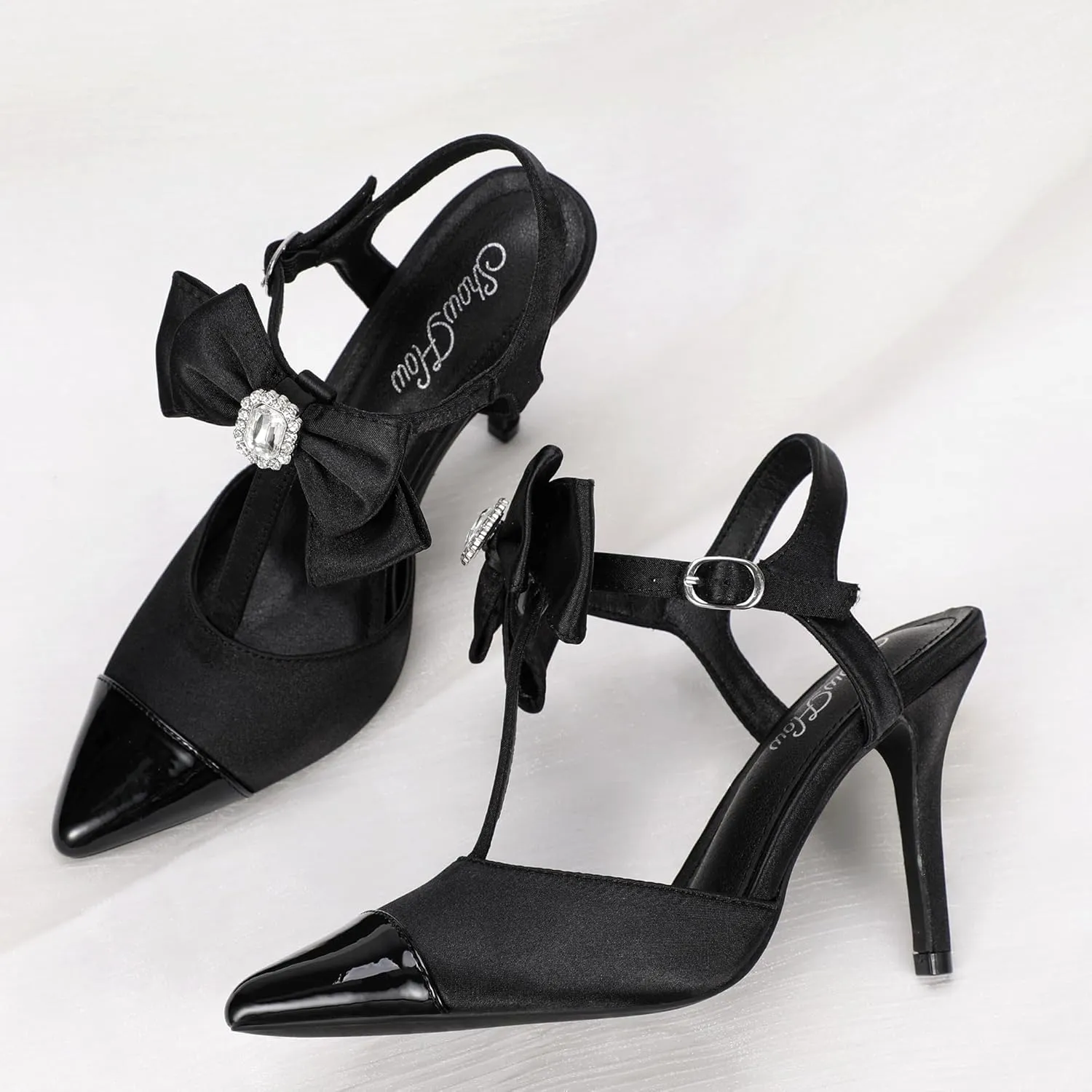 Mofri ShowHow Womens High Heels Closed Splicing Pointed Toe Stiletto Bow Tie Slingback Heeled Shoes Ankle Strap Wedding Pumps Bridal Party Work Dress Shoes