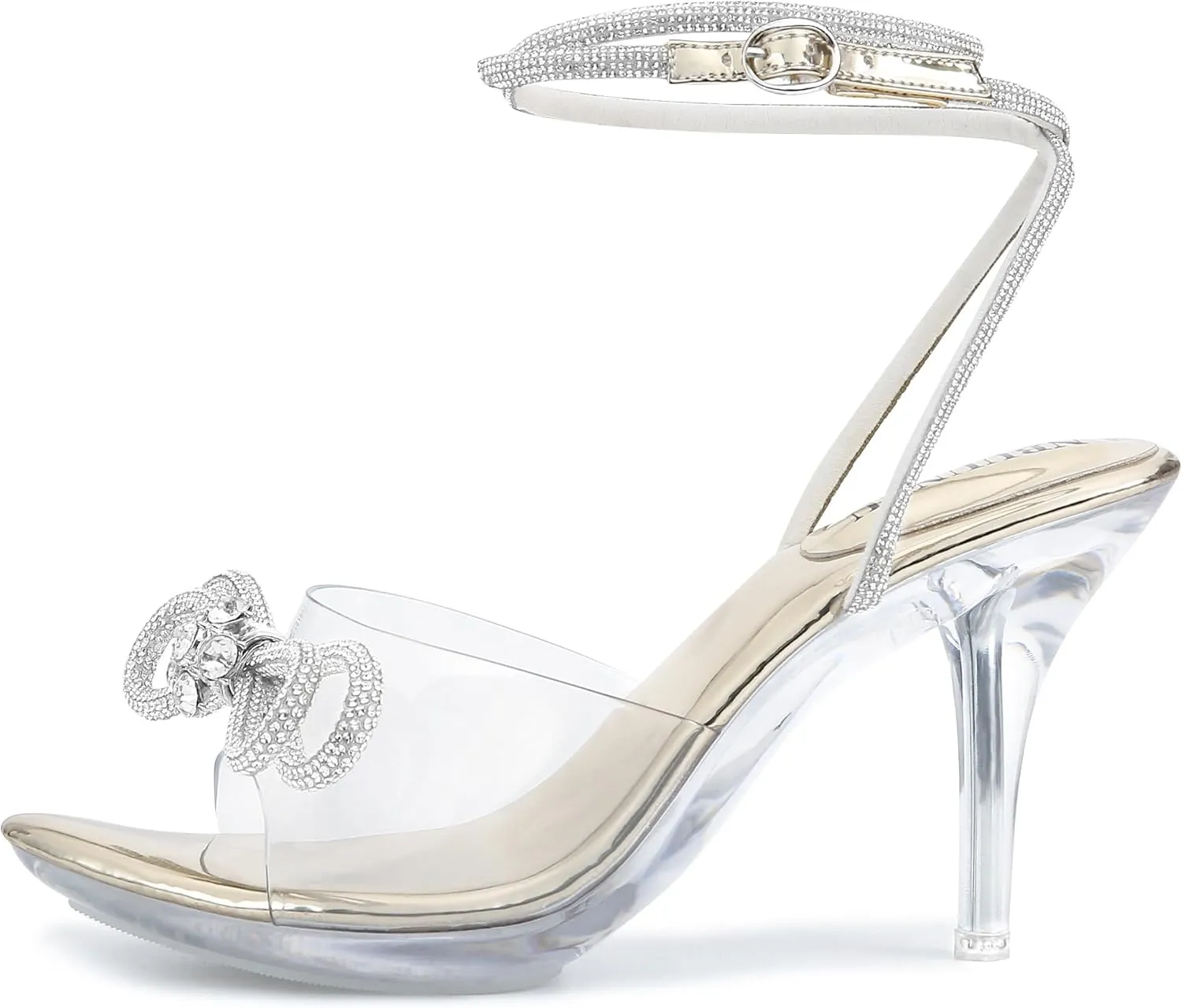 NBUUNBU Clear Heels With Rhinestone Bow Strappy Sandals For Women Ankle Strap Butterfly Transparent Platform High Heel Sexy Slingback Kitten Stiletto Comfortable Wedding Shoes Pump Mules