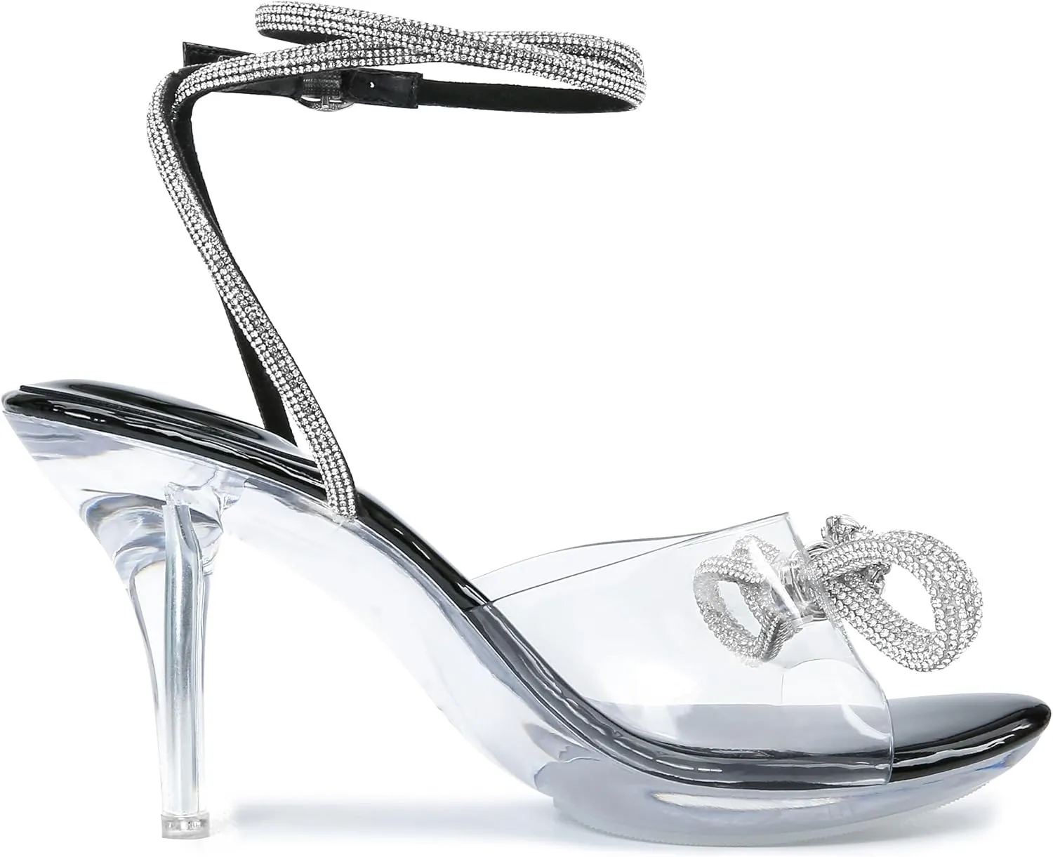 NBUUNBU Clear Heels With Rhinestone Bow Strappy Sandals For Women Ankle Strap Butterfly Transparent Platform High Heel Sexy Slingback Kitten Stiletto Comfortable Wedding Shoes Pump Mules