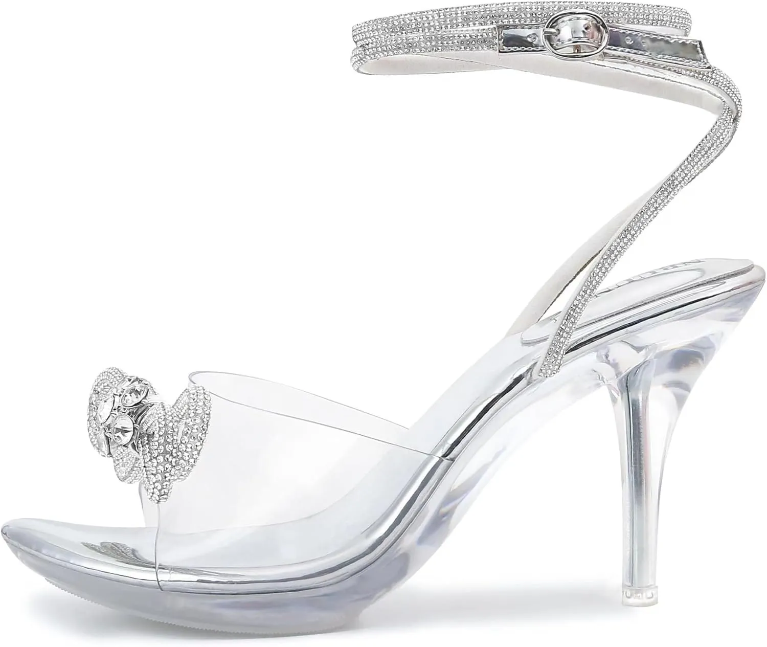NBUUNBU Clear Heels With Rhinestone Bow Strappy Sandals For Women Ankle Strap Butterfly Transparent Platform High Heel Sexy Slingback Kitten Stiletto Comfortable Wedding Shoes Pump Mules