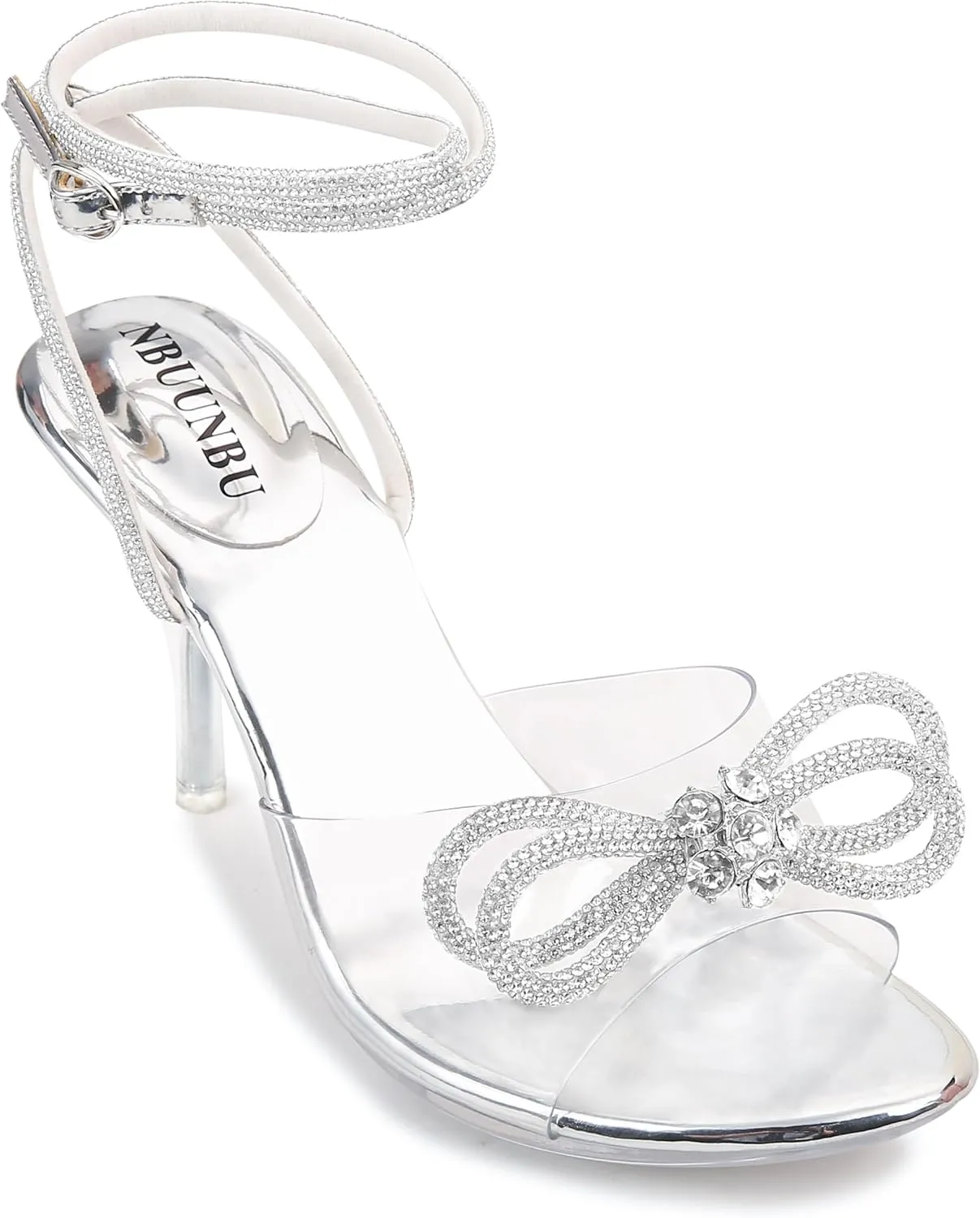 NBUUNBU Clear Heels With Rhinestone Bow Strappy Sandals For Women Ankle Strap Butterfly Transparent Platform High Heel Sexy Slingback Kitten Stiletto Comfortable Wedding Shoes Pump Mules