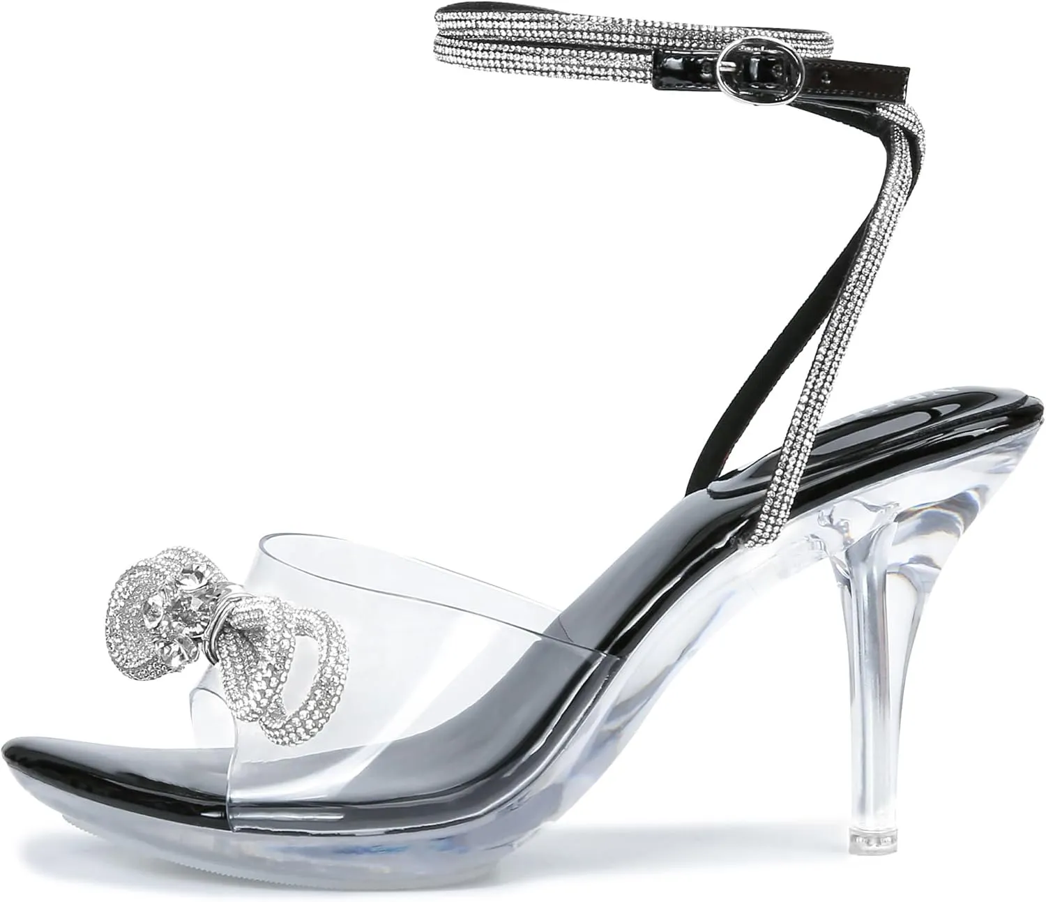 NBUUNBU Clear Heels With Rhinestone Bow Strappy Sandals For Women Ankle Strap Butterfly Transparent Platform High Heel Sexy Slingback Kitten Stiletto Comfortable Wedding Shoes Pump Mules