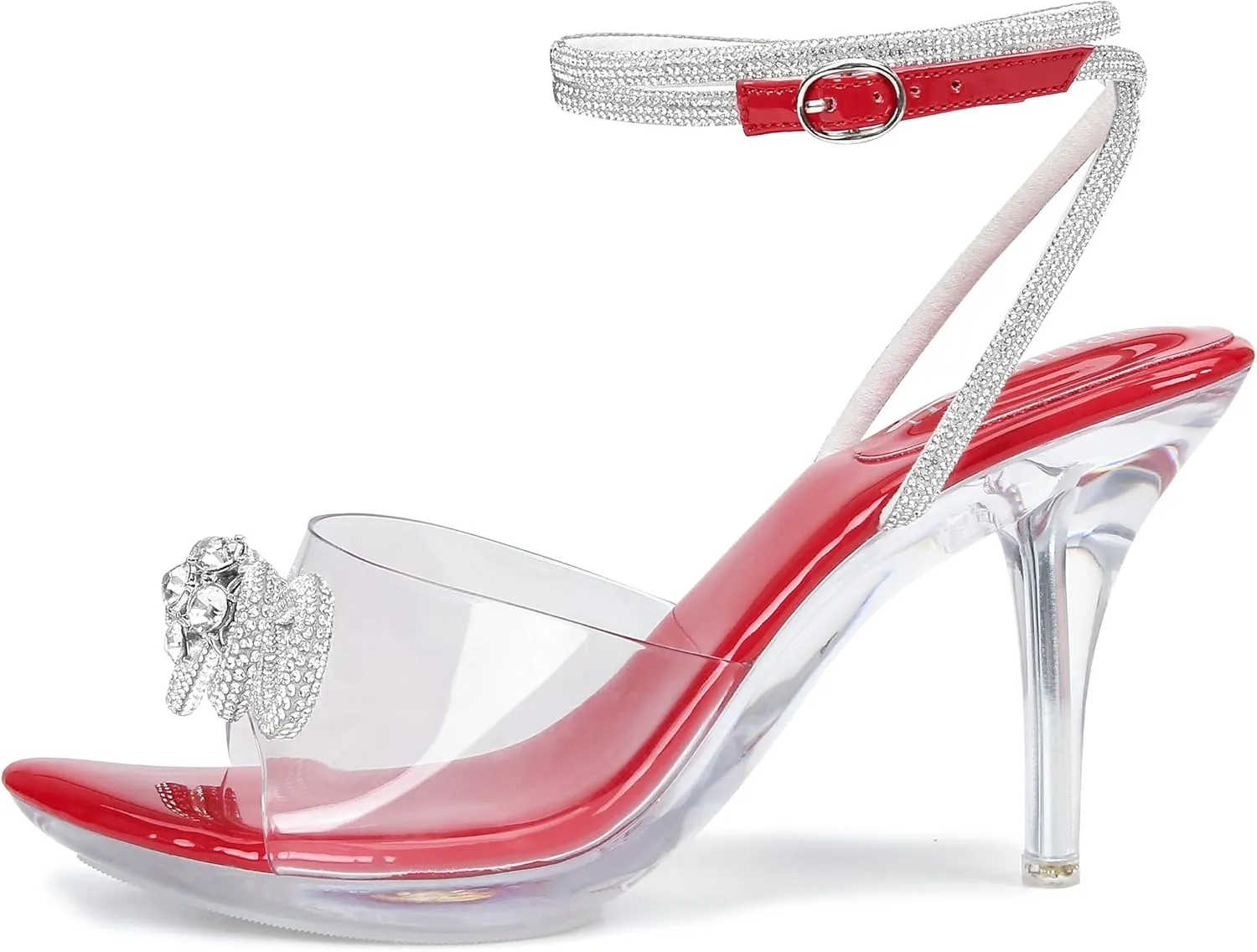 NBUUNBU Clear Heels With Rhinestone Bow Strappy Sandals For Women Ankle Strap Butterfly Transparent Platform High Heel Sexy Slingback Kitten Stiletto Comfortable Wedding Shoes Pump Mules