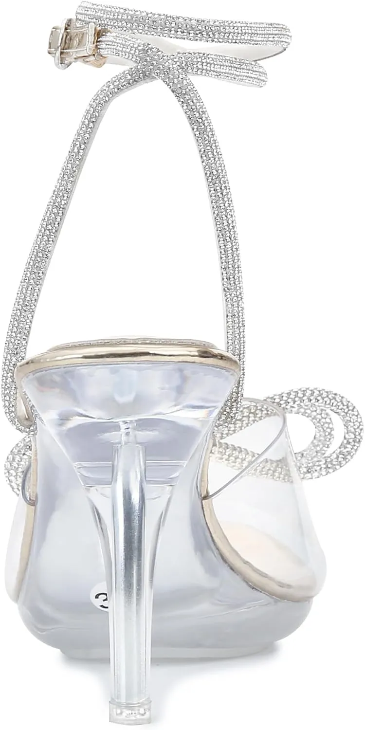 NBUUNBU Clear Heels With Rhinestone Bow Strappy Sandals For Women Ankle Strap Butterfly Transparent Platform High Heel Sexy Slingback Kitten Stiletto Comfortable Wedding Shoes Pump Mules