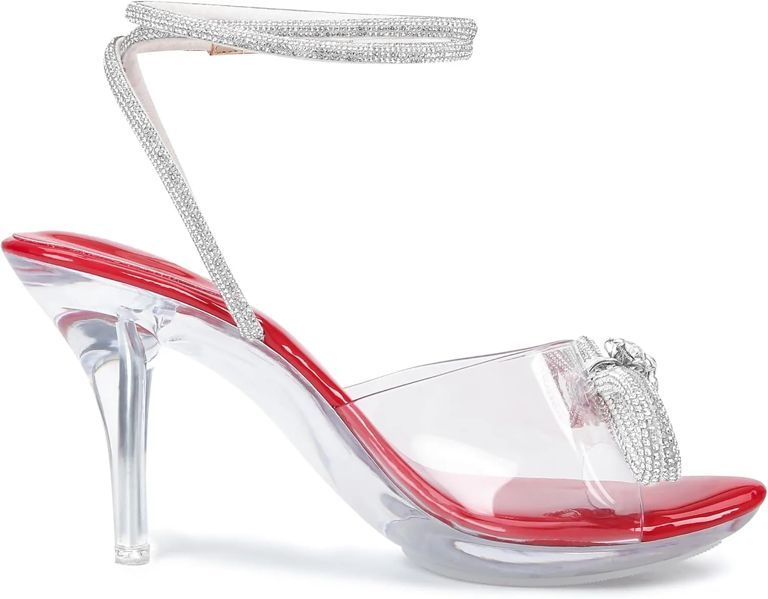 NBUUNBU Clear Heels With Rhinestone Bow Strappy Sandals For Women Ankle Strap Butterfly Transparent Platform High Heel Sexy Slingback Kitten Stiletto Comfortable Wedding Shoes Pump Mules