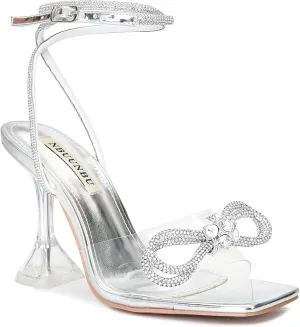 NBUUNBU Double Rhinestone Bowknots Clear Heels for Women Sexy Square Toe Strappy High Heels Slingback Bow Sandals Transparent Butterfly Ankle Strap Heels Kitten Crystal Stiletto Comfortable Wedding Shoes