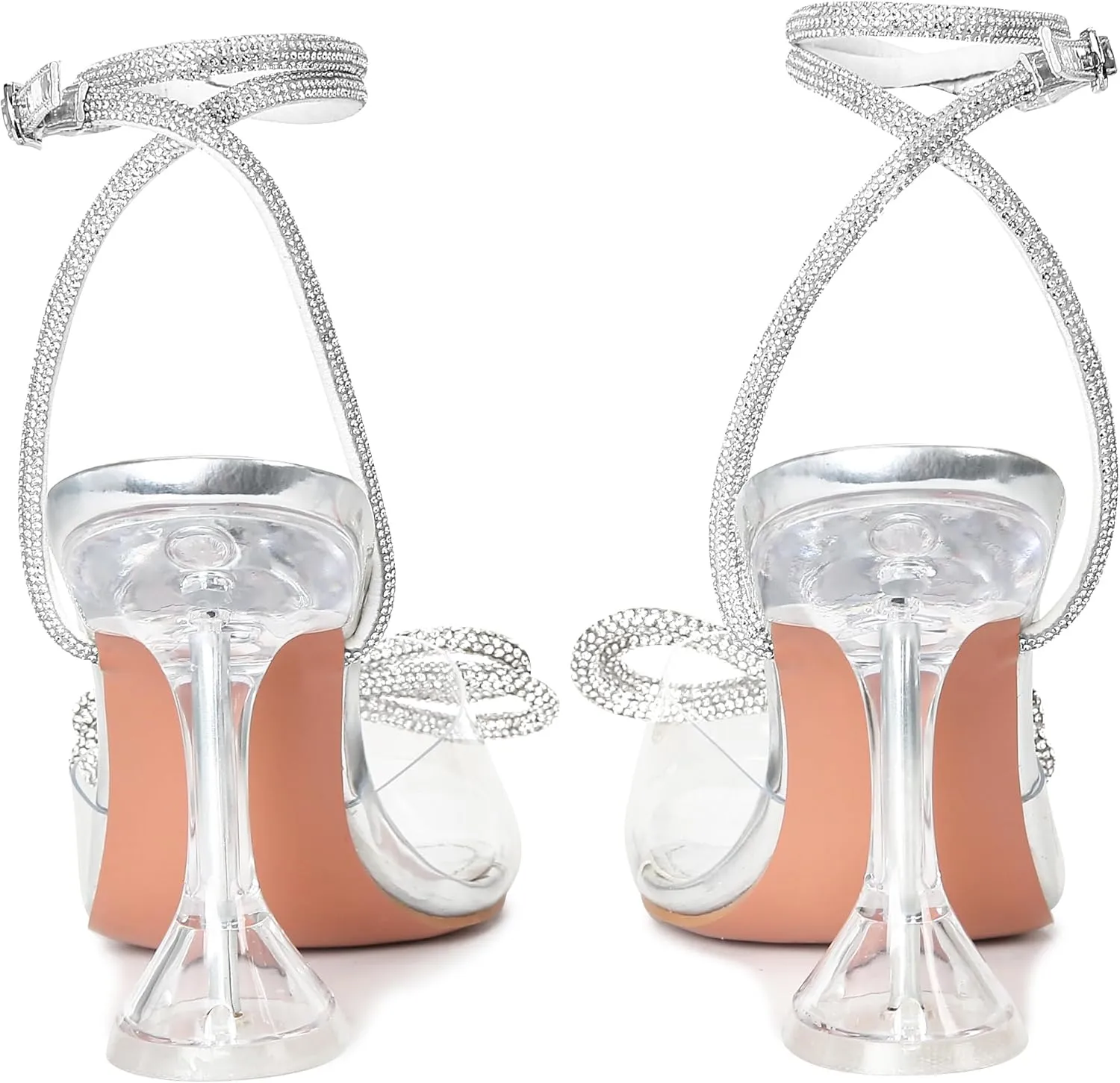 NBUUNBU Double Rhinestone Bowknots Clear Heels for Women Sexy Square Toe Strappy High Heels Slingback Bow Sandals Transparent Butterfly Ankle Strap Heels Kitten Crystal Stiletto Comfortable Wedding Shoes