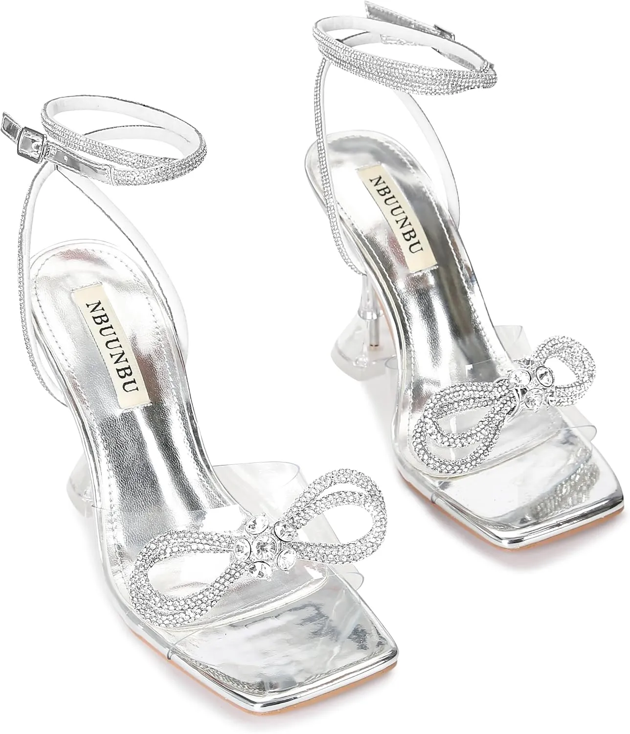 NBUUNBU Double Rhinestone Bowknots Clear Heels for Women Sexy Square Toe Strappy High Heels Slingback Bow Sandals Transparent Butterfly Ankle Strap Heels Kitten Crystal Stiletto Comfortable Wedding Shoes