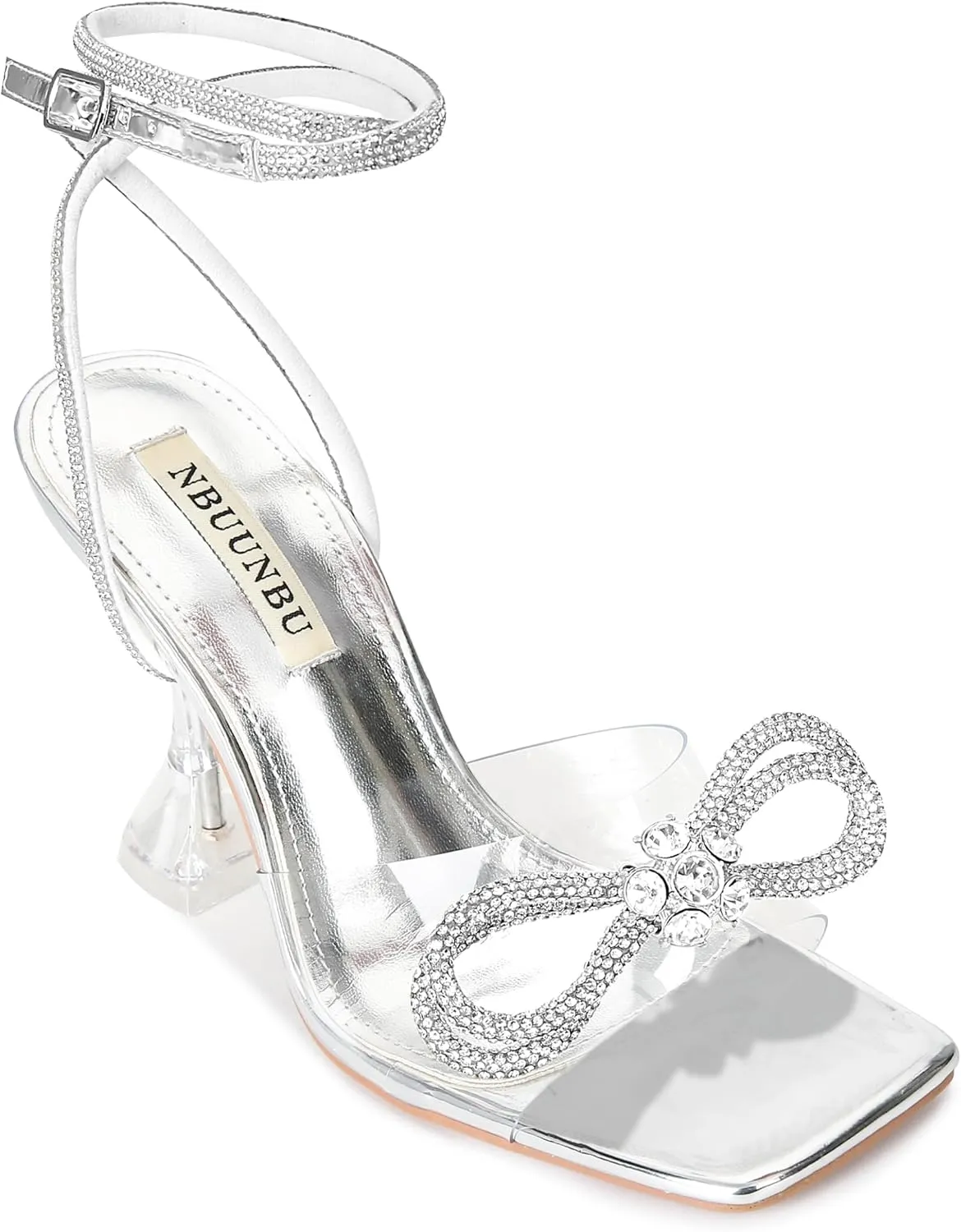 NBUUNBU Double Rhinestone Bowknots Clear Heels for Women Sexy Square Toe Strappy High Heels Slingback Bow Sandals Transparent Butterfly Ankle Strap Heels Kitten Crystal Stiletto Comfortable Wedding Shoes