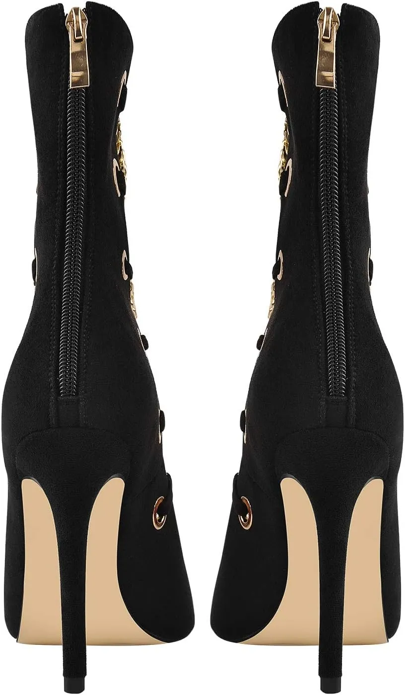 onlymaker Women's Pointed Toe Metal Chains Stiletto High Heel Zip up Boots