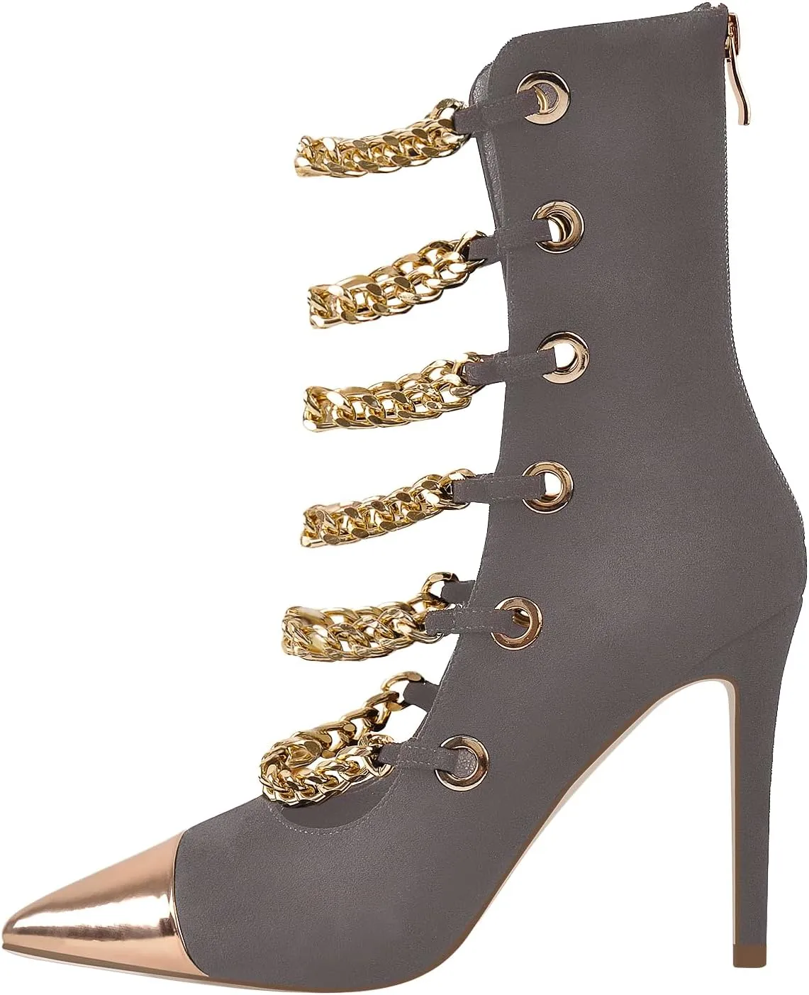 onlymaker Women's Pointed Toe Metal Chains Stiletto High Heel Zip up Boots