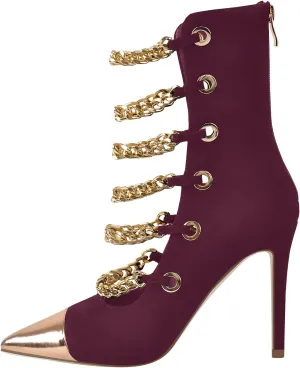 onlymaker Women's Pointed Toe Metal Chains Stiletto High Heel Zip up Boots