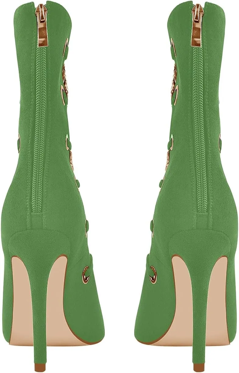 onlymaker Women's Pointed Toe Metal Chains Stiletto High Heel Zip up Boots