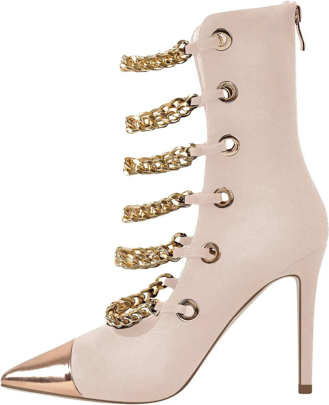 onlymaker Women's Pointed Toe Metal Chains Stiletto High Heel Zip up Boots