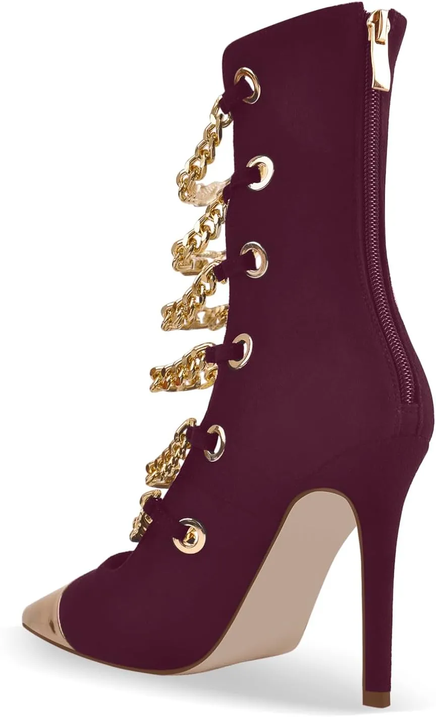 onlymaker Women's Pointed Toe Metal Chains Stiletto High Heel Zip up Boots