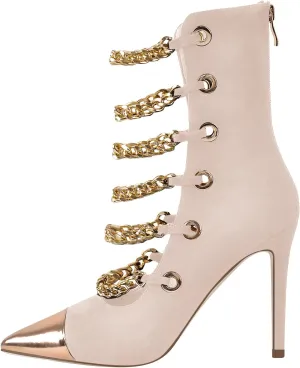onlymaker Women's Pointed Toe Metal Chains Stiletto High Heel Zip up Boots