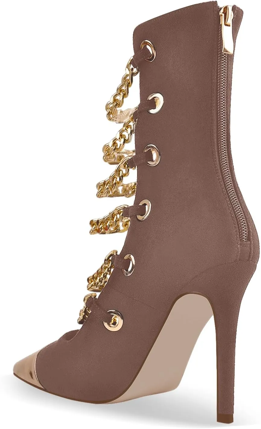 onlymaker Women's Pointed Toe Metal Chains Stiletto High Heel Zip up Boots