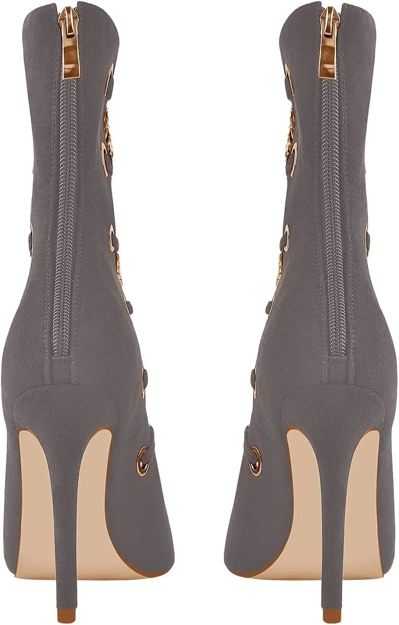 onlymaker Women's Pointed Toe Metal Chains Stiletto High Heel Zip up Boots