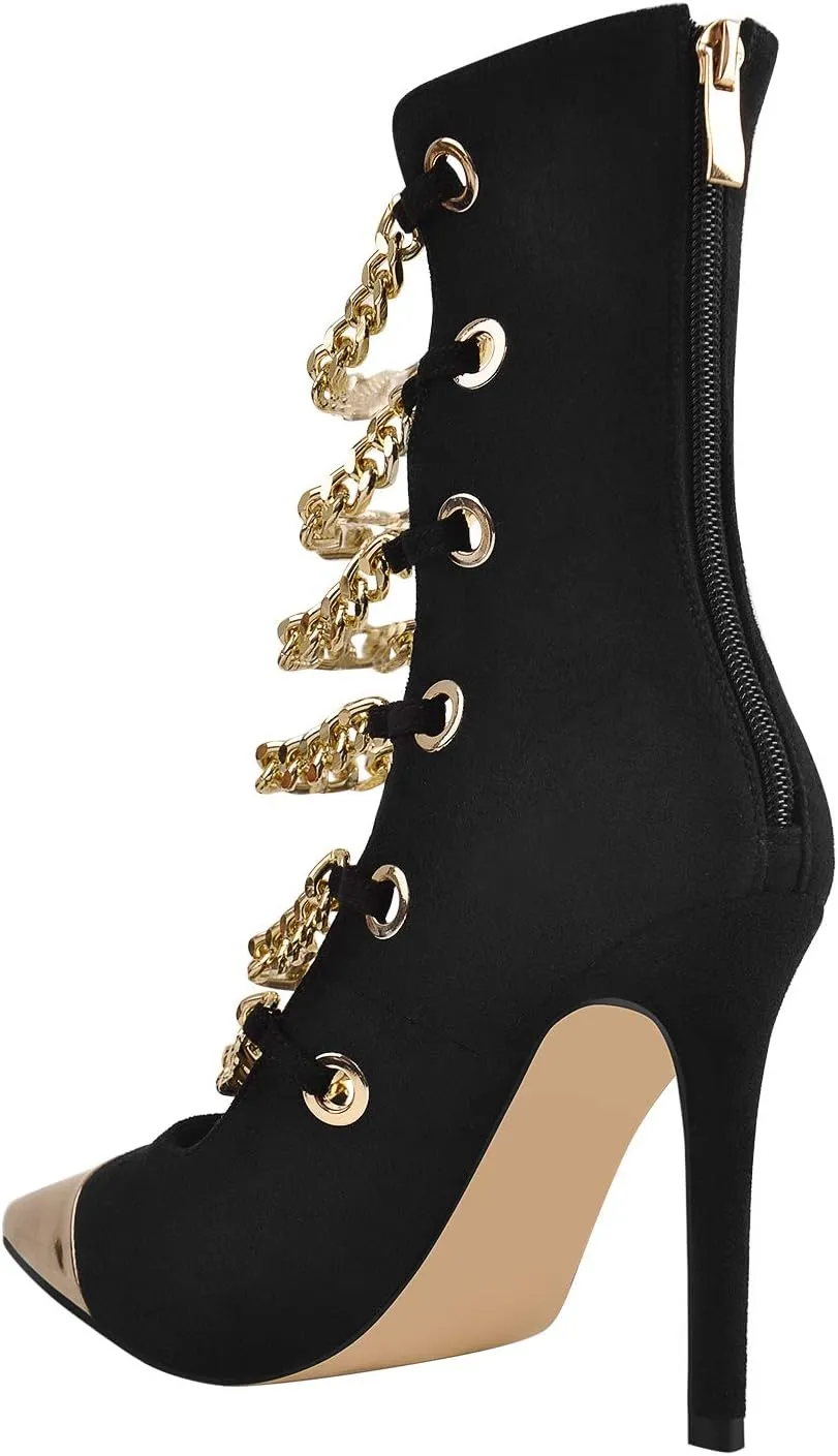 onlymaker Women's Pointed Toe Metal Chains Stiletto High Heel Zip up Boots