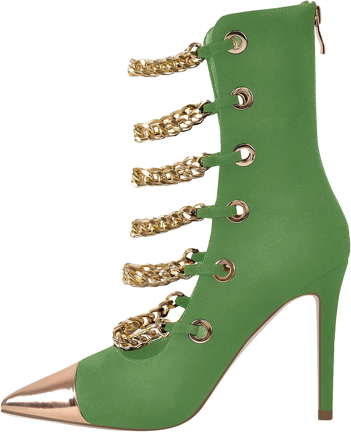 onlymaker Women's Pointed Toe Metal Chains Stiletto High Heel Zip up Boots