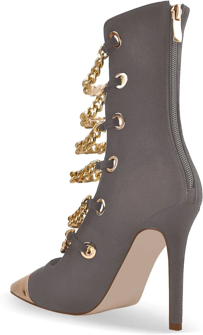onlymaker Women's Pointed Toe Metal Chains Stiletto High Heel Zip up Boots