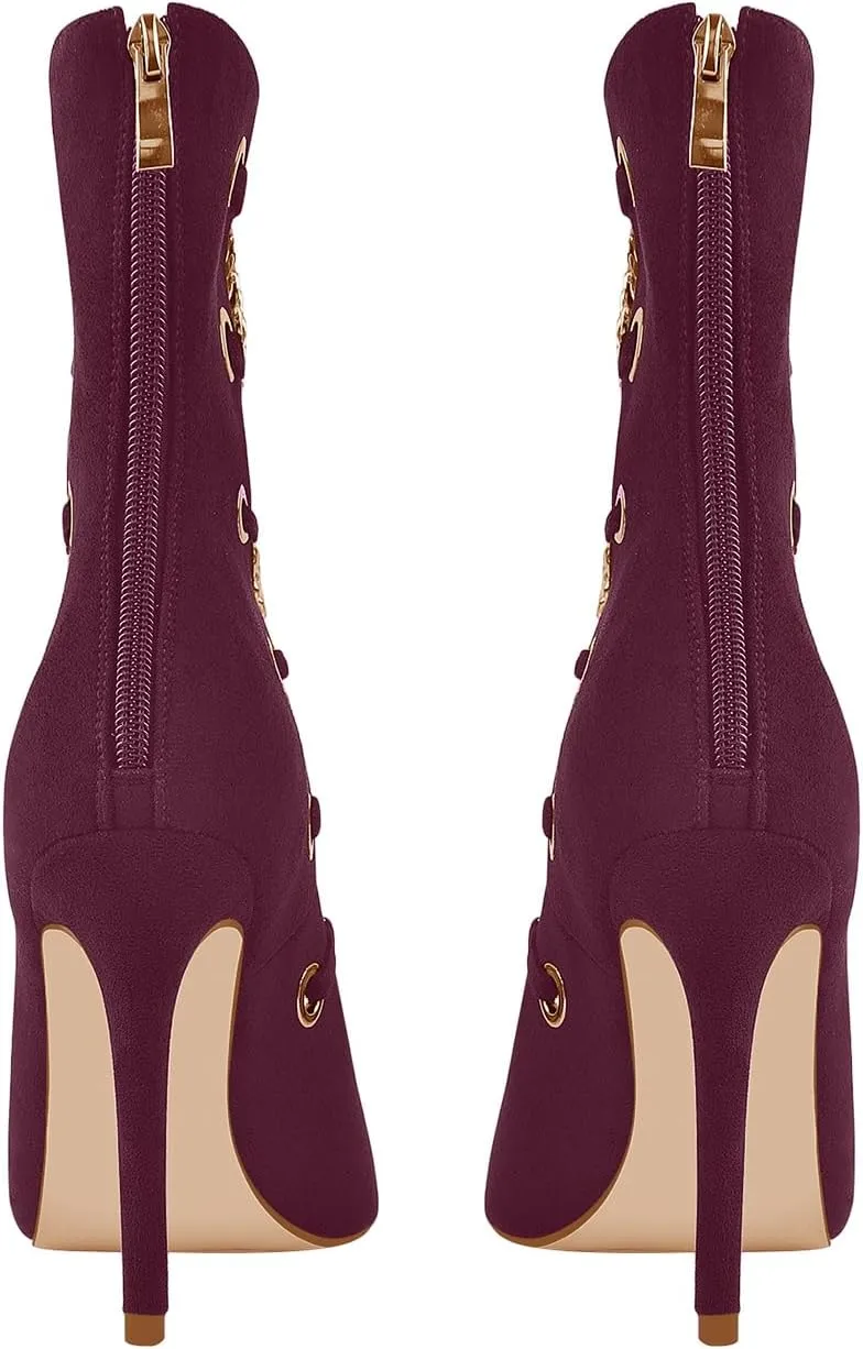 onlymaker Women's Pointed Toe Metal Chains Stiletto High Heel Zip up Boots