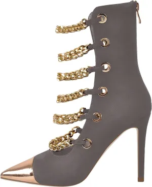 onlymaker Women's Pointed Toe Metal Chains Stiletto High Heel Zip up Boots