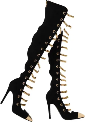 onlymaker Women's Pointed Toe Metal Chains Stiletto High Heel Zip up Boots
