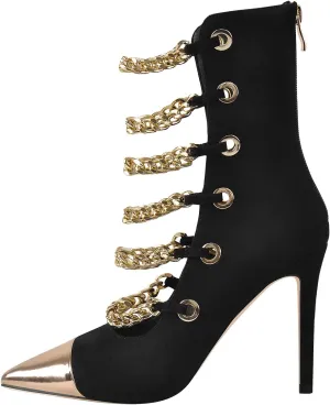 onlymaker Women's Pointed Toe Metal Chains Stiletto High Heel Zip up Boots